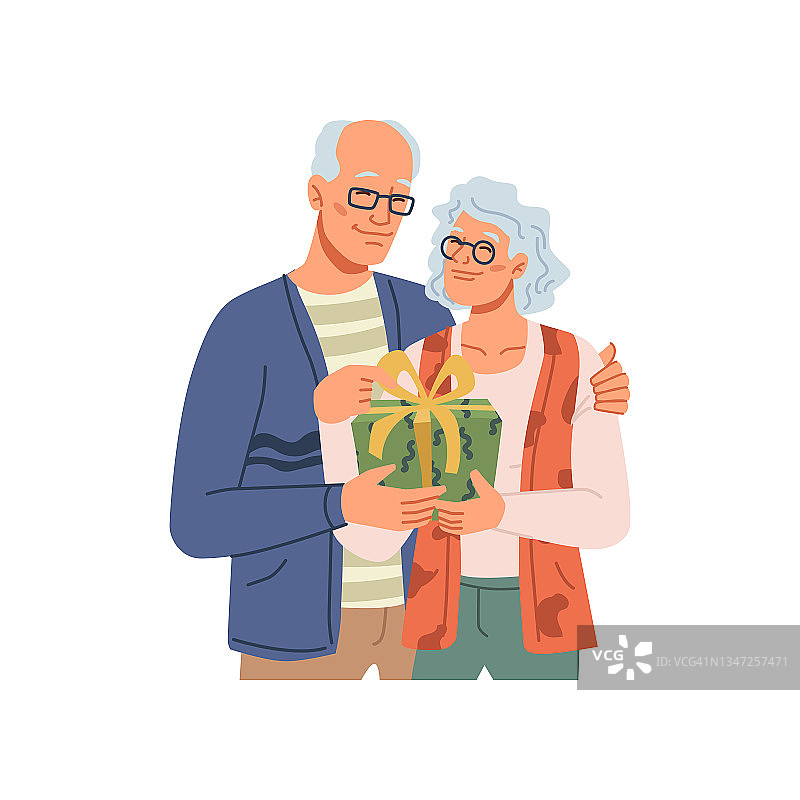 年长的丈夫在结婚纪念日或生日派对上给妻子送礼物。老人和女人，礼物在圣诞节或情人节，扁平的卡通人物和浪漫包裹与丝带惊喜图片素材