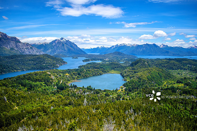 Bariloche, rio Negro，巴塔哥尼亚阿根廷:从Cerro Campanario湖、森林和山脉的全景。图片素材