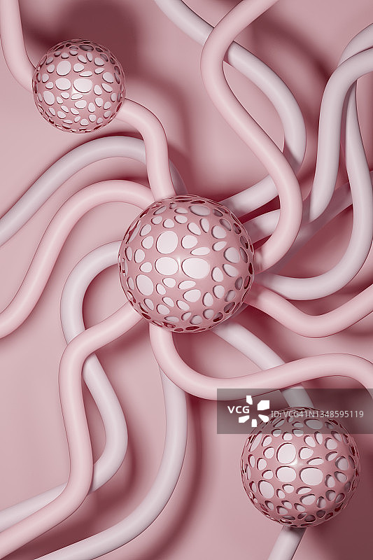 3d渲染粉红色球体与粉红色和白色的管，连接概念图片素材