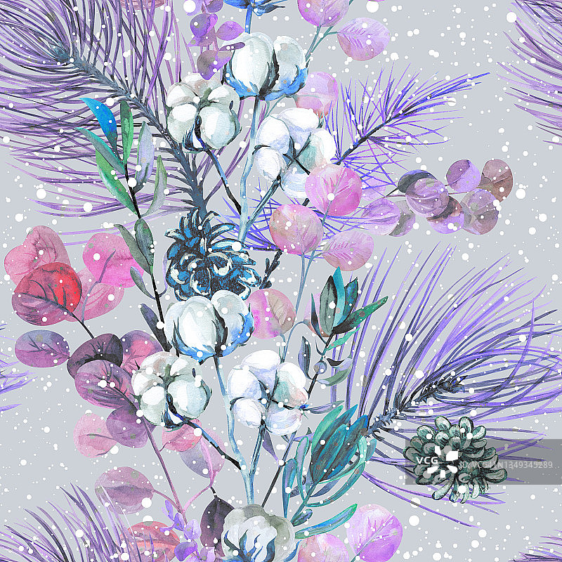 不寻常的现代水彩圣诞节无缝模式与冬季花束和紫色冷杉树枝在灰色背景图片素材