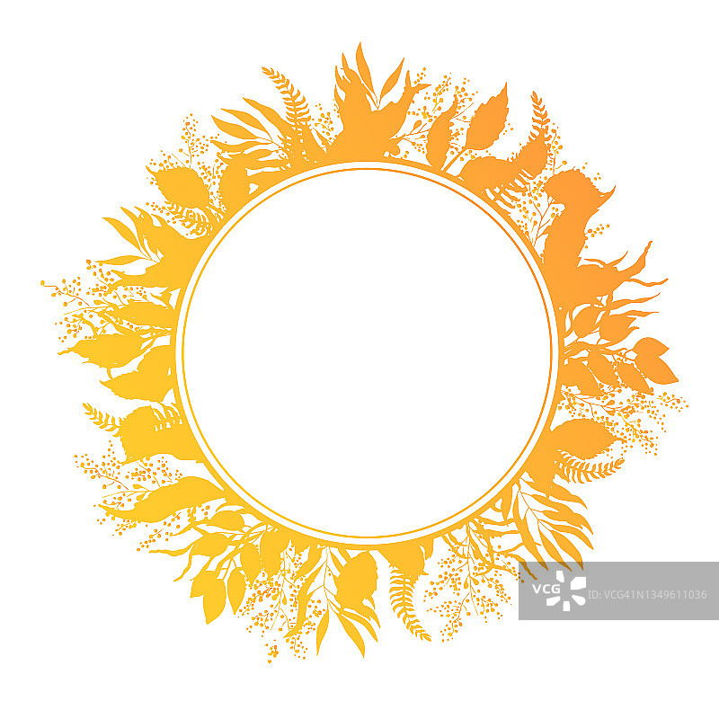 传统的秋天黄色落叶的花环。圆形花卉梯度框架贺卡。传统的感恩节装饰。简单的剪贴画为明信片与一个地方的文本在中心。图片素材
