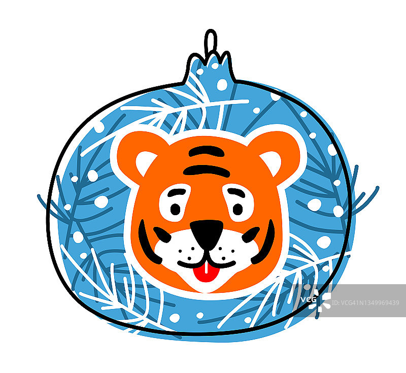 老虎和圣诞树玩具。这只造型优美的老虎坐在蓝色背景的圣诞树玩具上，上面有树枝。关于新年主题的有趣涂鸦。图片素材