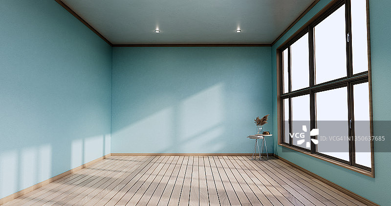 空房间-薄荷墙，木地板，室内和装饰植物。三维渲染图片素材