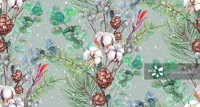 无缝模式与圣诞花束干花与桉树和棉花油漆图片素材