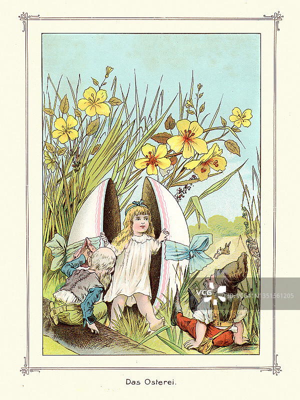 可爱的孩子从复活节彩蛋中出现，侏儒，德国，维多利亚19世纪图片素材
