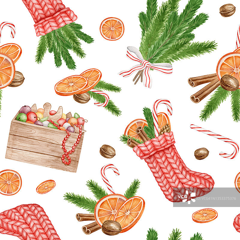 水彩圣诞节无缝模式。手绘圣诞袜子，云杉树枝花束，糖果甘蔗，核桃，干橘孤立在白色背景上。冬季包装纸重复设计。图片素材