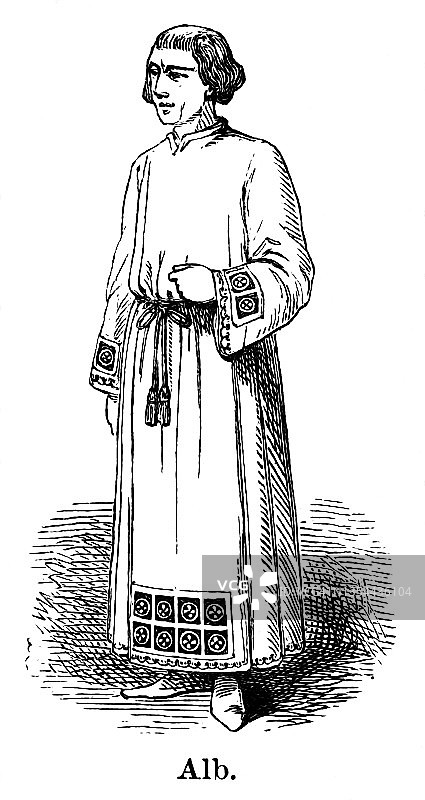 老雕刻插图的天主教神父穿着传统的白袍图片素材