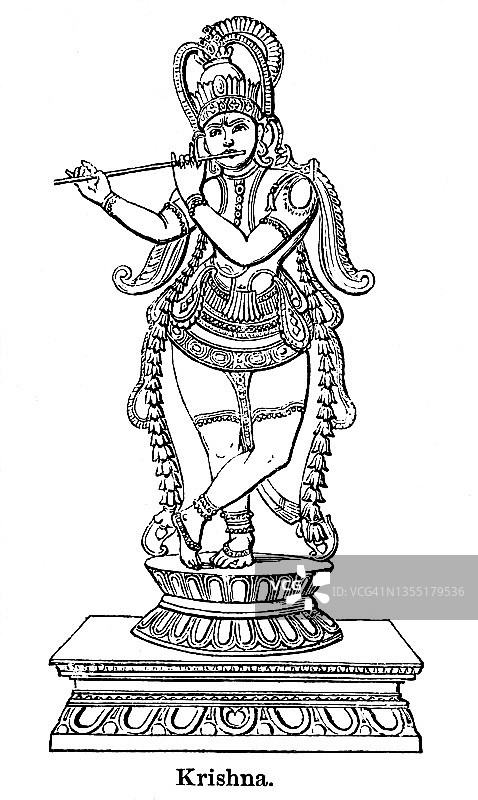 印度教的主要神-毗湿奴，奎师那，保护，同情，温柔和爱的神的老雕刻插图图片素材