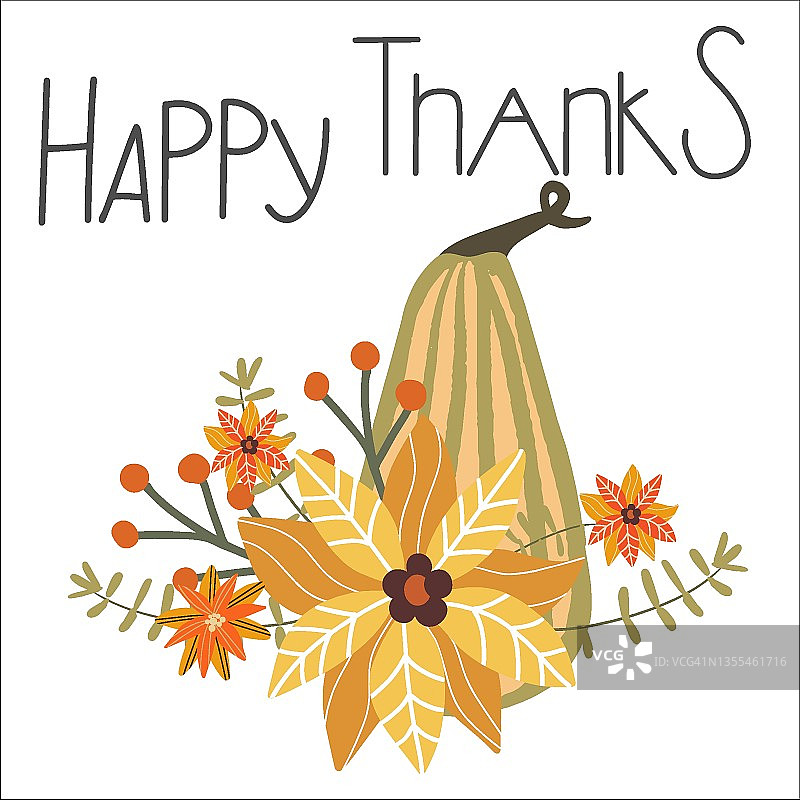 用南瓜和抽象画的花来写“快乐的感谢”，适合印在感恩节装饰画丰收节的请柬上，印在带有秋天主题的t恤上。图片素材