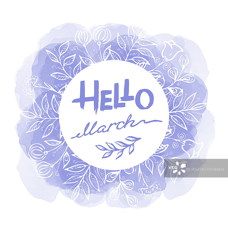 你好三月-紫色线条艺术文本在一个圆圈框架与花卉元素和水彩斑点在白色的背景。手绘一条线书写春天的短语图片素材