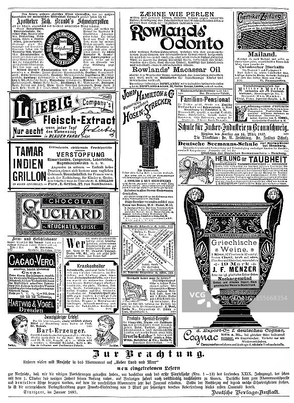 刊登在1887年德国杂志上的广告，包括苏查德，纳沙泰尔图片素材