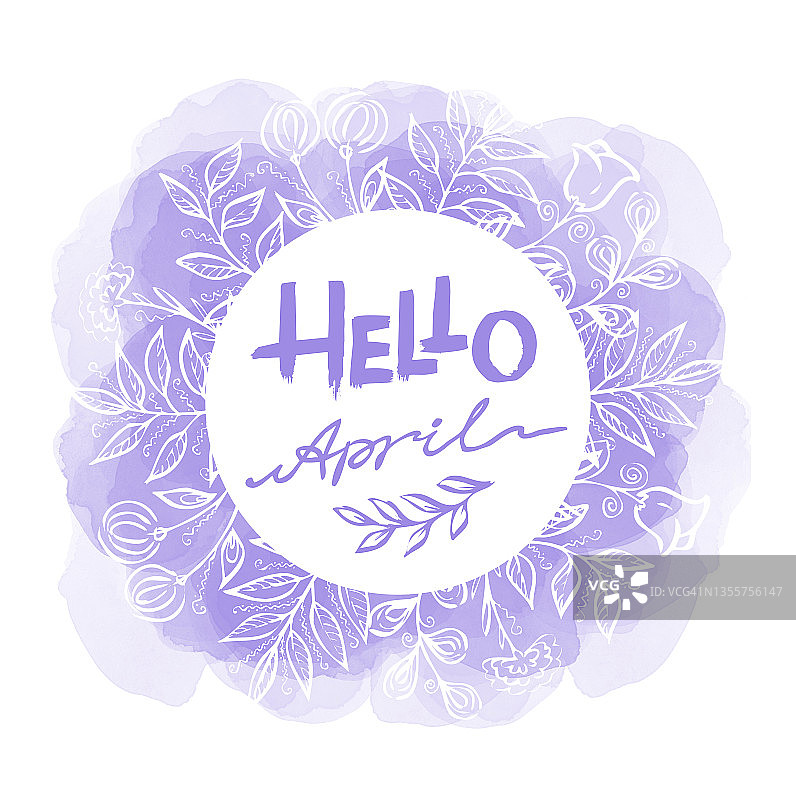 你好四月-紫色线条艺术文本在一个圆圈框架与花卉元素和水彩斑点在白色的背景。手绘一条线书写春天的短语图片素材