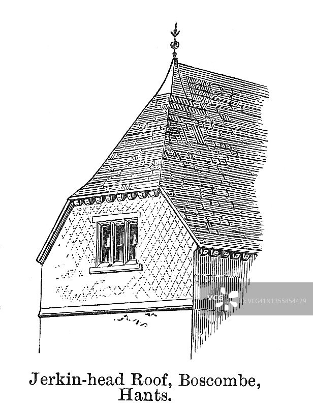 老雕刻插图的jerkinhead屋顶，博斯科姆，汉特图片素材