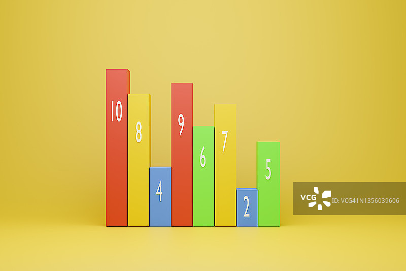 数字和统计条黄色，绿色，蓝色和红色的黄色背景，3d渲染图片素材