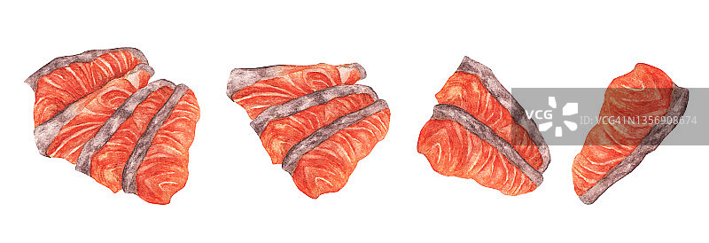 水彩画手绘片红鱼片，鲜三文鱼生鱼片。图片素材