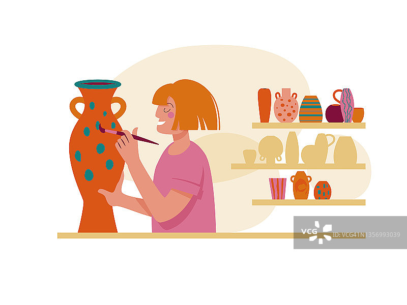 陶瓷工作室室内有陶瓷和一个正在画花瓶的女人。矢量插图。图片素材