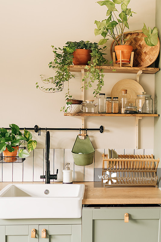 时尚的斯堪的纳维亚式开放式空间，配有厨房配件、植物和沙发。设计室，白墙。图片素材