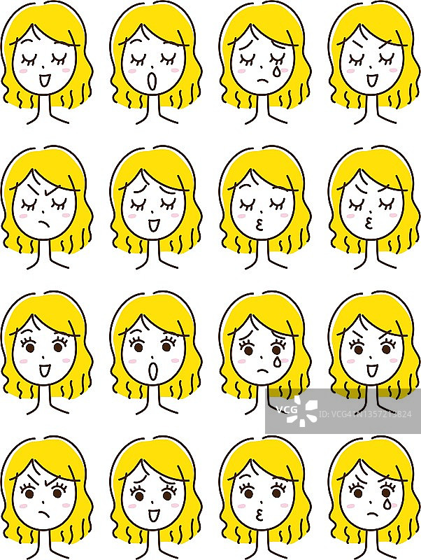 各种面部表情的金发女性插画(手绘)/插画材料(矢量插画)图片素材