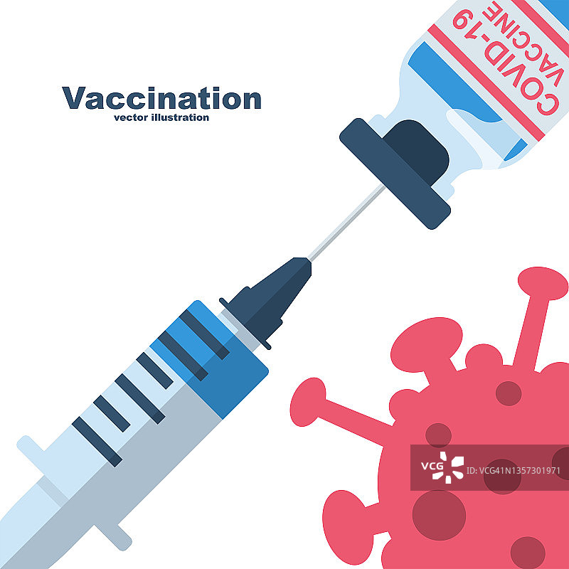 疫苗covid - 19概念。注射器与安瓿和冠状病毒细菌。图片素材
