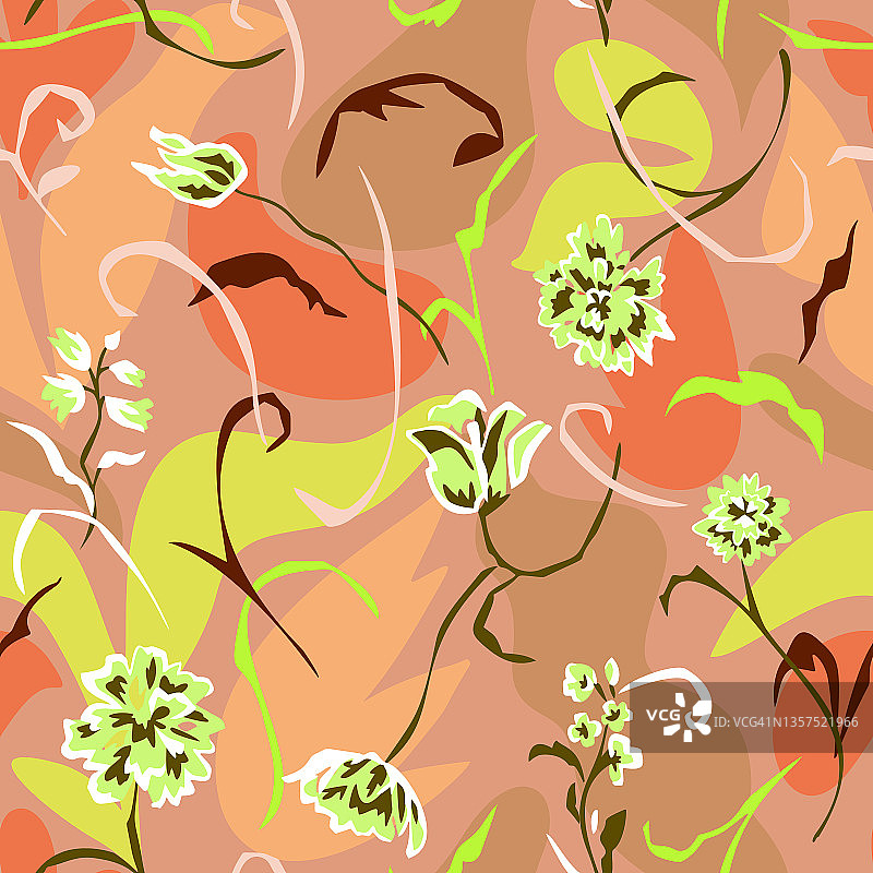 用抽象的花朵做成的图形。夏天自然主题。优雅绽放的花卉抽象笔触纹理。植物无缝格局与草甸植物。复古风格。纺织面料。图片素材