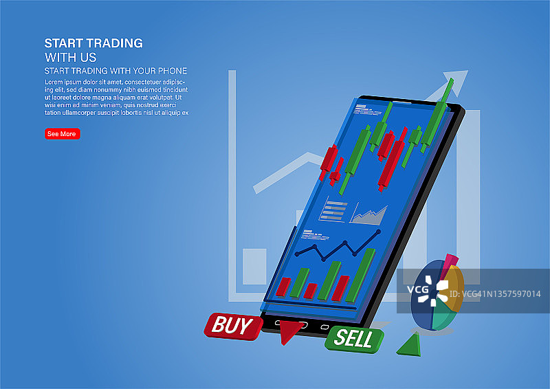 使用移动电话的股票买卖烛台图，市场投资交易，矢量插图图片素材