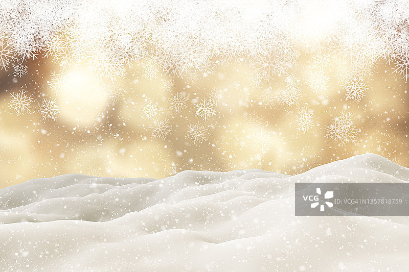 3D圣诞背景与雪在黄金雪花设计图片素材