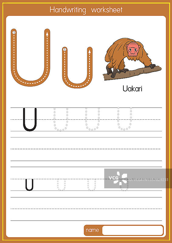 矢量插图的Uakari与字母U大写字母或大写字母的儿童学习练习ABC图片素材
