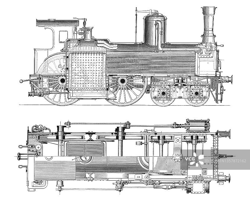 奥地利南部铁路特快机车“里廷格尔”的旧雕刻插图-纵向和横向部分图片素材