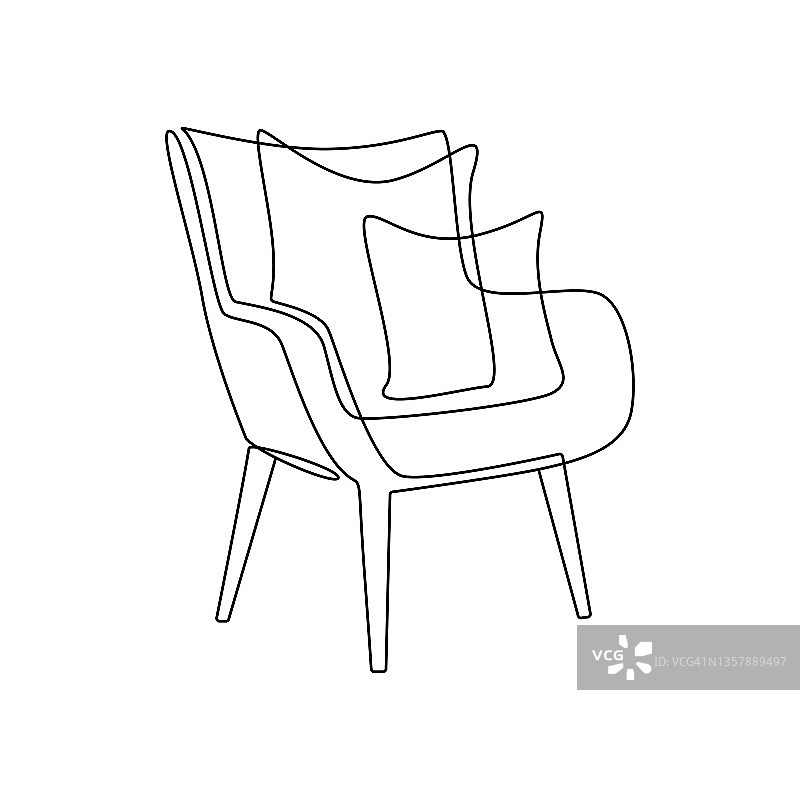 现代家具扶手椅与枕头的家庭内部在时尚的斯堪的纳维亚风格轮廓线。简单的线条轮廓的舒适的椅子。涂鸦草稿矢量插图图片素材