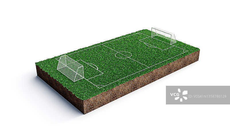 迷你足球场和足球，绿色的草地，现实的，白色的背景，3D插图图片素材