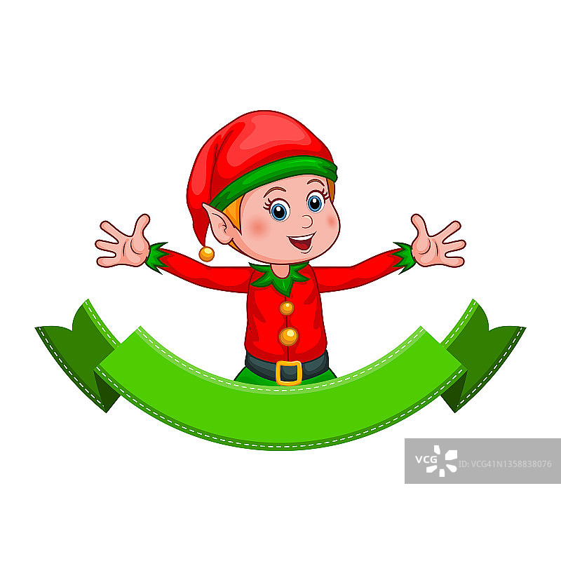 圣诞精灵。可爱的卡通圣诞老人助手小精灵与复古绿色丝带为您的文本。穿着戏服，戴着帽子的微笑的小矮人被隔离在白色的背景上。新年和圣诞节矢量图标。图片素材
