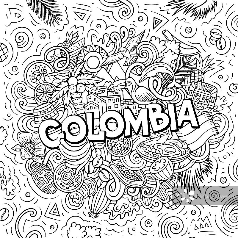 哥伦比亚手绘卡通涂鸦插图。有趣的哥伦比亚的设计。图片素材