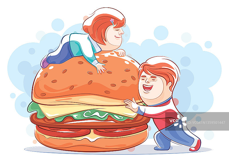 快乐的男孩和女孩拿着大汉堡图片素材