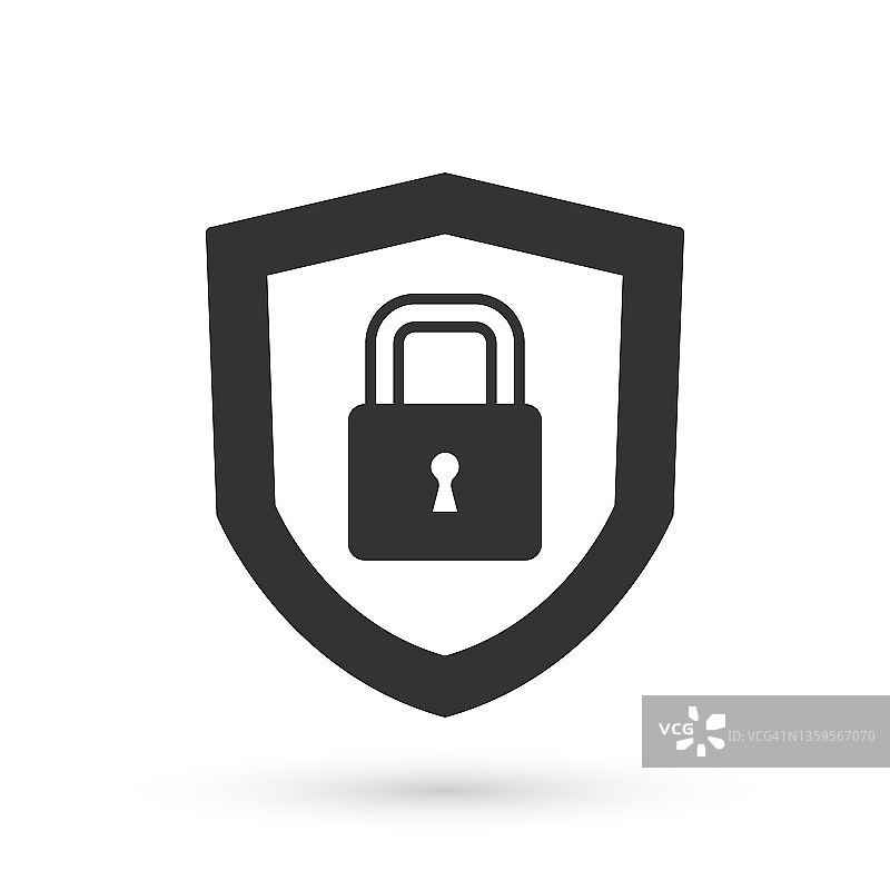 灰色盾牌安全与锁定图标隔离在白色背景。保护，安全，密码安全。防火墙访问隐私标志。向量图片素材