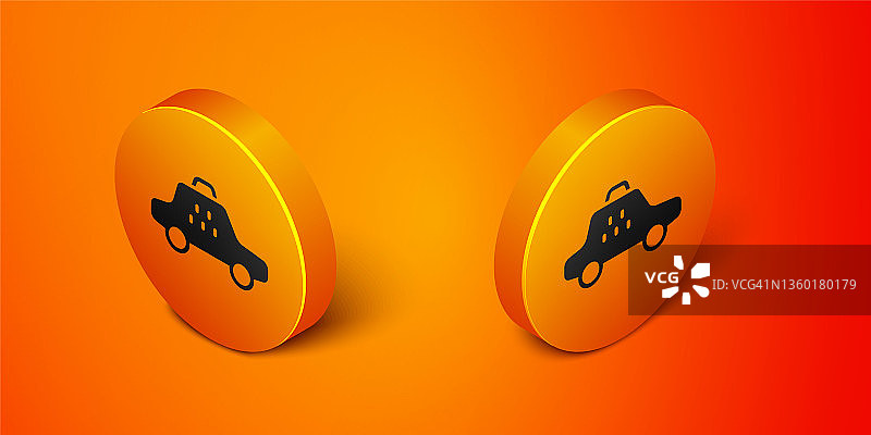 在橙色背景上孤立的出租车图标。橙色圆按钮。向量图片素材