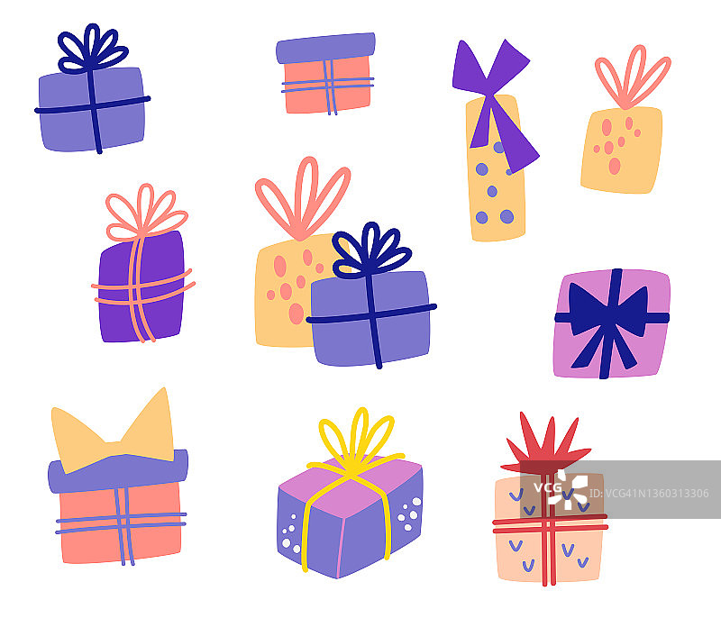 礼品盒。不同的带丝带的盒子。销售购物的概念。适合生日、圣诞节、情人节。节日用品。手绘矢量插图。图片素材