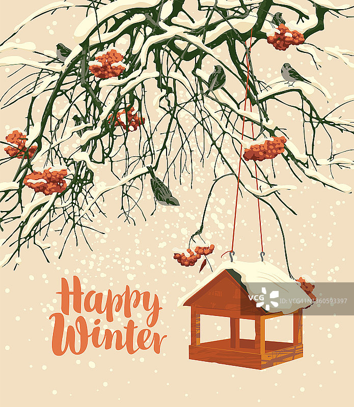 冰雪覆盖的花楸和鸟类的冬季景观图片素材