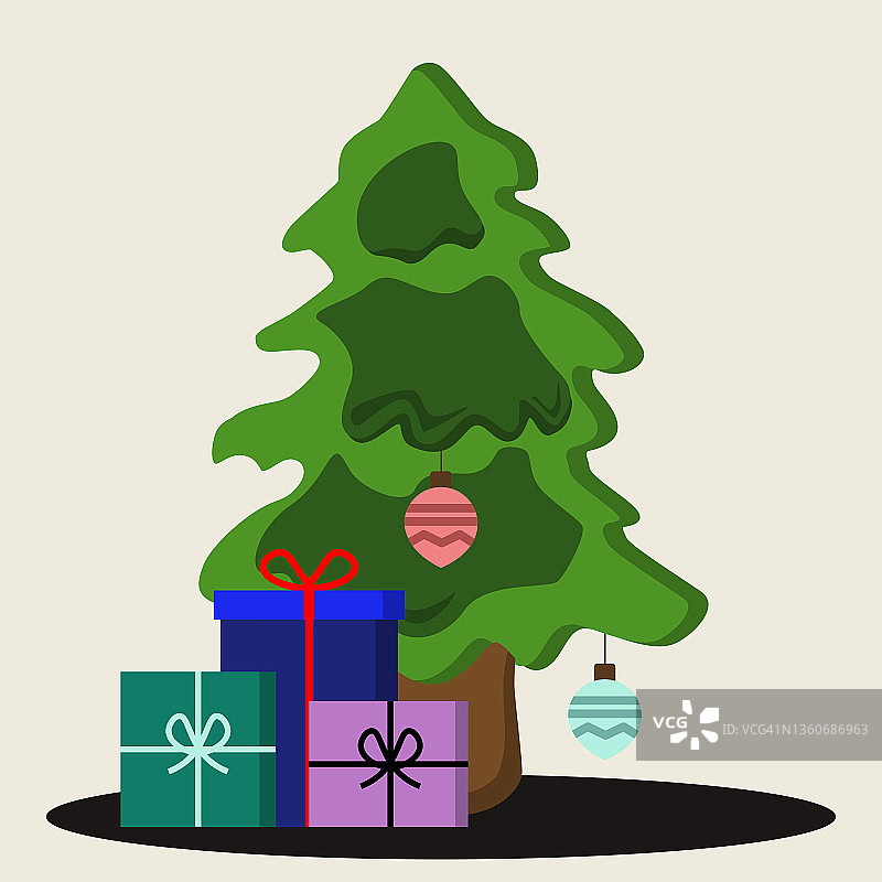 圣诞树与礼物盒，节日背景。圣诞快乐，恭贺新禧。矢量图图片素材