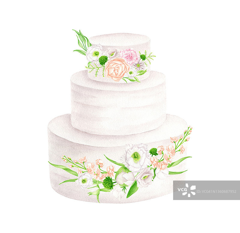 水彩婚礼蛋糕与花卉插图。手绘3层白色奶油甜点隔离在白色。剪贴画为邀请，菜单，餐厅，商店和面包店的标志。图片素材