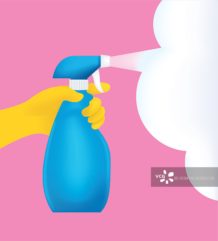 手拿一瓶喷雾清洁剂在彩色背景上。喷洒消毒杀菌剂。图片素材