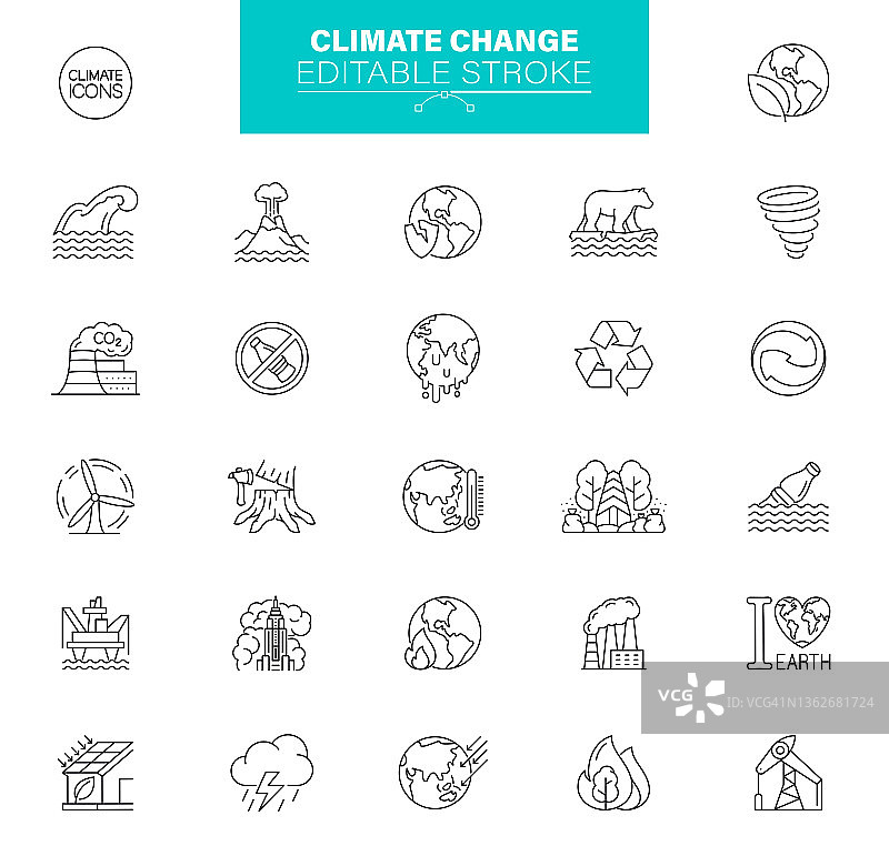 气候变化的图标。设置包含图标如全球变暖，煤炭，污染图片素材