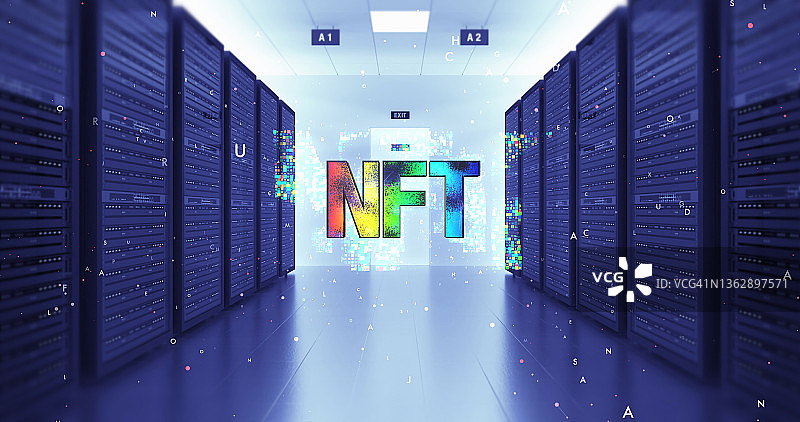 彩色NFT令牌艺术符号在未来的数据中心。图片素材