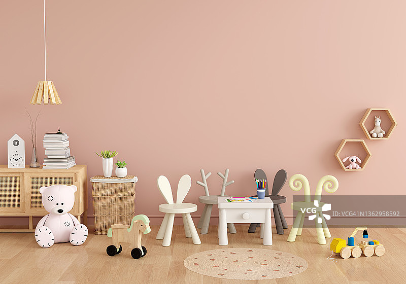 粉红色的儿童客厅室内模型，3D渲染图片素材