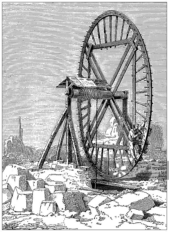 19世纪工业、技术和工艺的仿古插画:采石场提升轮图片素材