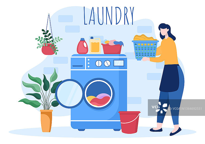 洗衣与洗衣机和干燥机在平坦的背景插图。脏布躺在篮子里，妇女们正在为横幅或海报洗衣服图片素材