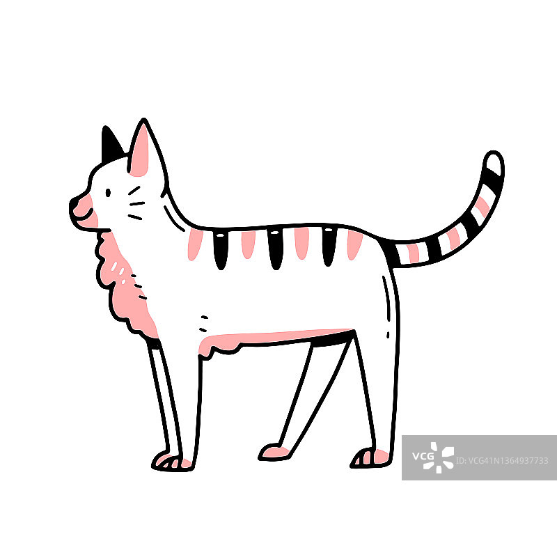 线性涂鸦风格的可爱猫角色。手绘矢量孤立插图与动物猫。图片素材