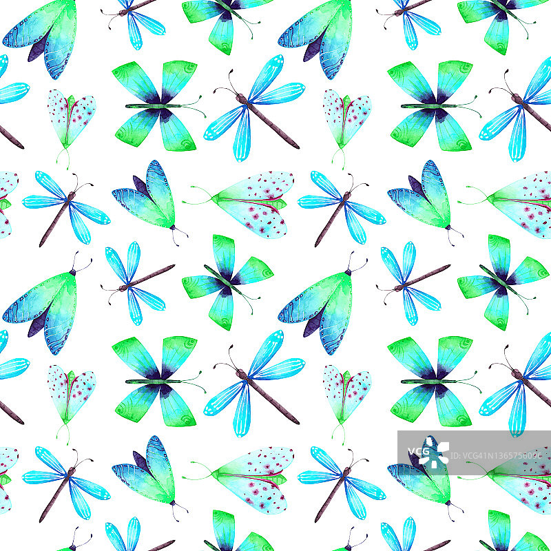 霓虹绿色，蓝色蝴蝶图案白色图片素材