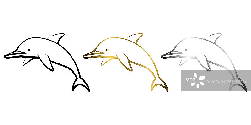 三色黑金和银线艺术矢量插图的海豚图片素材