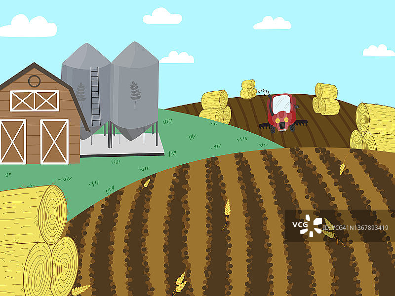 收割小麦。这台联合收割机可以犁一块地、一个机库、一座灯塔和一个用来存放货物的电梯。农业景观。农场的背景图片素材