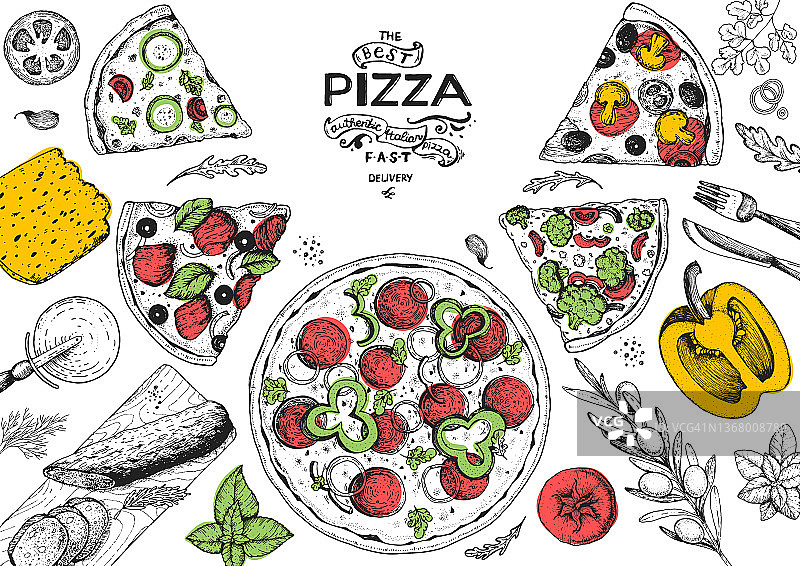 意大利披萨和配料顶视图框架。意大利菜菜单设计模板。老式手绘草图，矢量插图。雕刻风格的插图。菜单上的披萨标签。图片素材